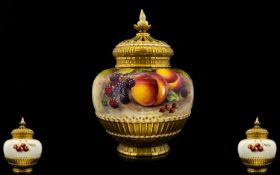 Royal Worcester Superb Quality - Hand Painted Oviform Shaped ' Fruits ' Pot Pouri Vase with Cover.