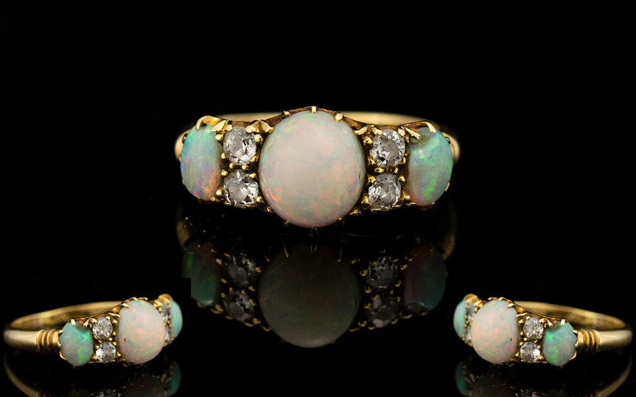 Antique Period 18ct Gold - Opal and Diamond Set Dress Ring - Gallery Setting of Pleasing Form.