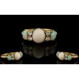 Antique Period 18ct Gold - Opal and Diamond Set Dress Ring - Gallery Setting of Pleasing Form.