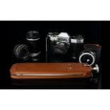 Praktica Nova 8 35mm Camera Complete with black pebbled leather carry case, telescopic lens,