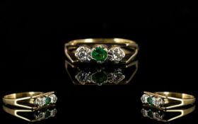 Ladies 9ct Gold Three Stone Emerald And Diamond Dress Ring Fully hallmarked, ring size K,