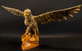 Vintage 1970's USSR Carved Eagle - wooden eagle on rock form stand, wingspan approx 27 inches,