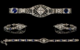 Art Deco - Attractive 14ct White Gold Diamond and Sapphire Set Bracelet with Good Quality Diamonds