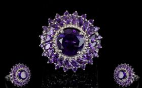 Amethyst 'Sunflower' Statement Ring, a central, round cut amethyst of 3ct, set above a milgrain