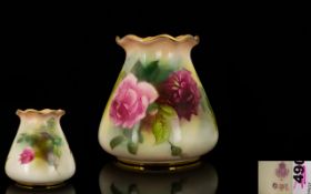 Royal Worcester Hand Painted Floral Vase of Tapered Form with Frilled Edge ' Roses ' Still Life.