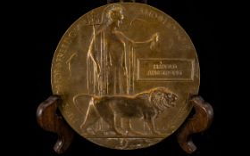 WWI 1914-1918 Interest Bronze Death Penny Issued to 'Harold Armstrong' diameter, 5 inches.