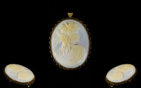 Large And Impressive 1960's Oval Shaped Shell Cameo Pendant In 9ct Gold Mount Depicts a classical