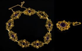Antique 18ct Gold And Brazilian Amethyst Filigree Bracelet And Matching Brooch Finely formed