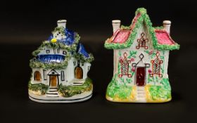 Two Small Victorian Flat Back Cottages - one Gothic style 4.5 cm wide, 9.5 cm long, 13 cm high.