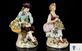 Sitzendorf Small Ceramic Pair of Handpainted Figures. Male and female figures in 19th century