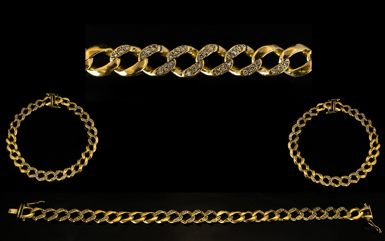 9ct Gold Curb-Link Bracelet Set with Diamonds. Fully hallmarked for 9ct - 375.