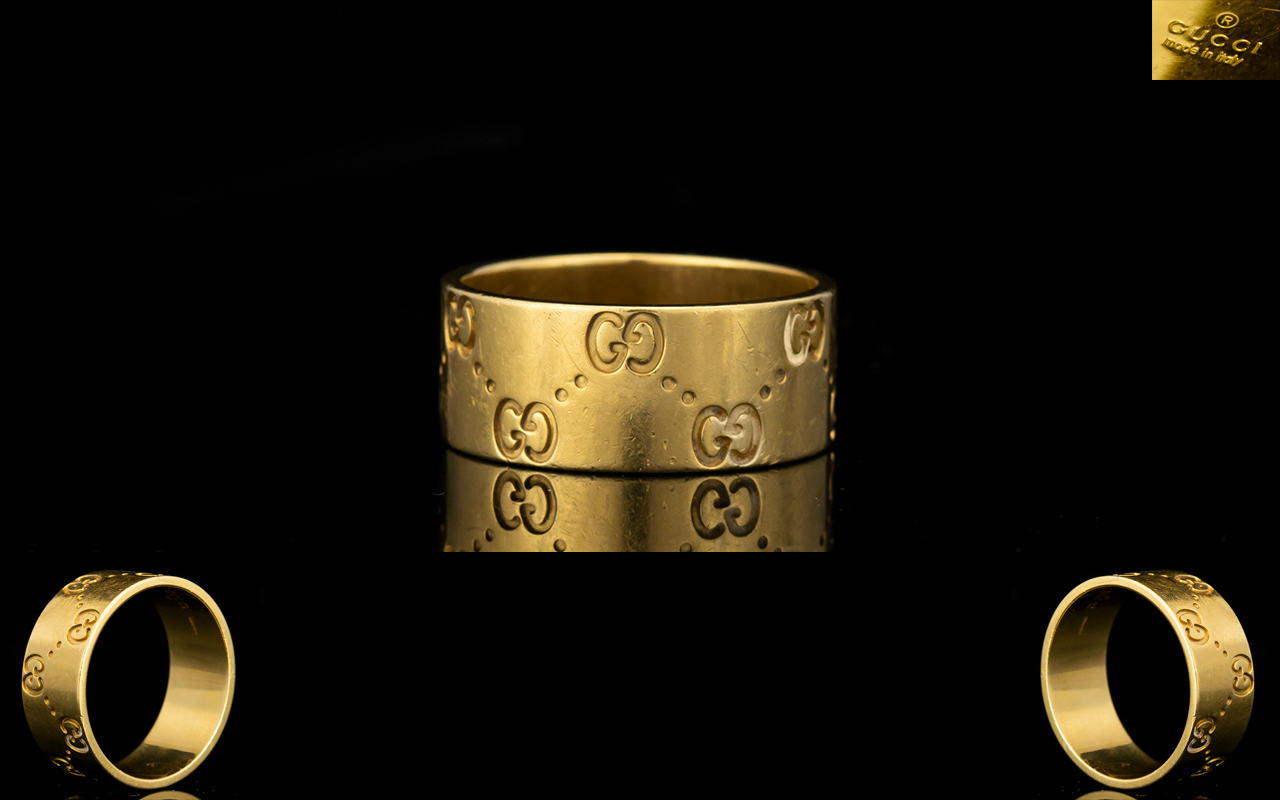 Gucci - Signed 18ct Gold Wedding Band with Gucci Logo to Exterior of Ring and Signed ' Gucci ' To