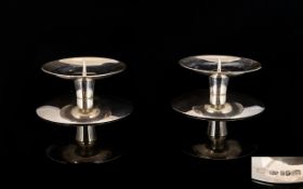 Elizabeth II Contemporary Designed Solid Pair of Silver Squat Candlesticks of Pleasing Form.