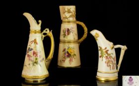 Royal Worcester - Nice Quality Collection of Blush Ivory Hand Painted Jugs / Ewers ( 3 ) In Total