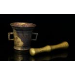 Antique Bronze Mortar And Pestle Cast Bronze Mortar With Waisted Body And Twin Handles Of Plain