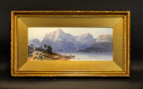 Antique Framed Landscape Print Depicting mountainous lake view, in swept gilt frame, 18 x 7 1/2.