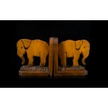 Pair of Indian Wooden Carved Bookends Depicting Two Elephants. Attractive bookends in carved wood.