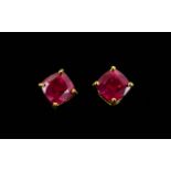 Ruby Square Cut Stud Earrings, two solitaire square cushion cut rubies, of strong red colour,