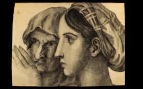 Unsigned Pencil Drawing On Paper Depicting two female profiles. 13 x 17 inches. Please see