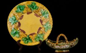 Majolica Plate & Basket. Large Majolica Plate of German manufacture marked at base. 1840-45.