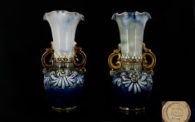 Doulton Lambeth Pair of Fine Twin Handle Vases of Small Proportions and Pleasing Form. c.1900.