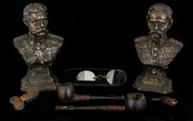 A Small Mixed Lot To Include Two spelter busts - Lord Kitchener and Lord Roberts,