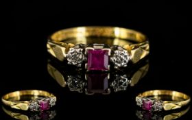 18ct Gold 3 Stone Diamond and Ruby Dress Ring, Square Step-cut Ruby of Good Colour.