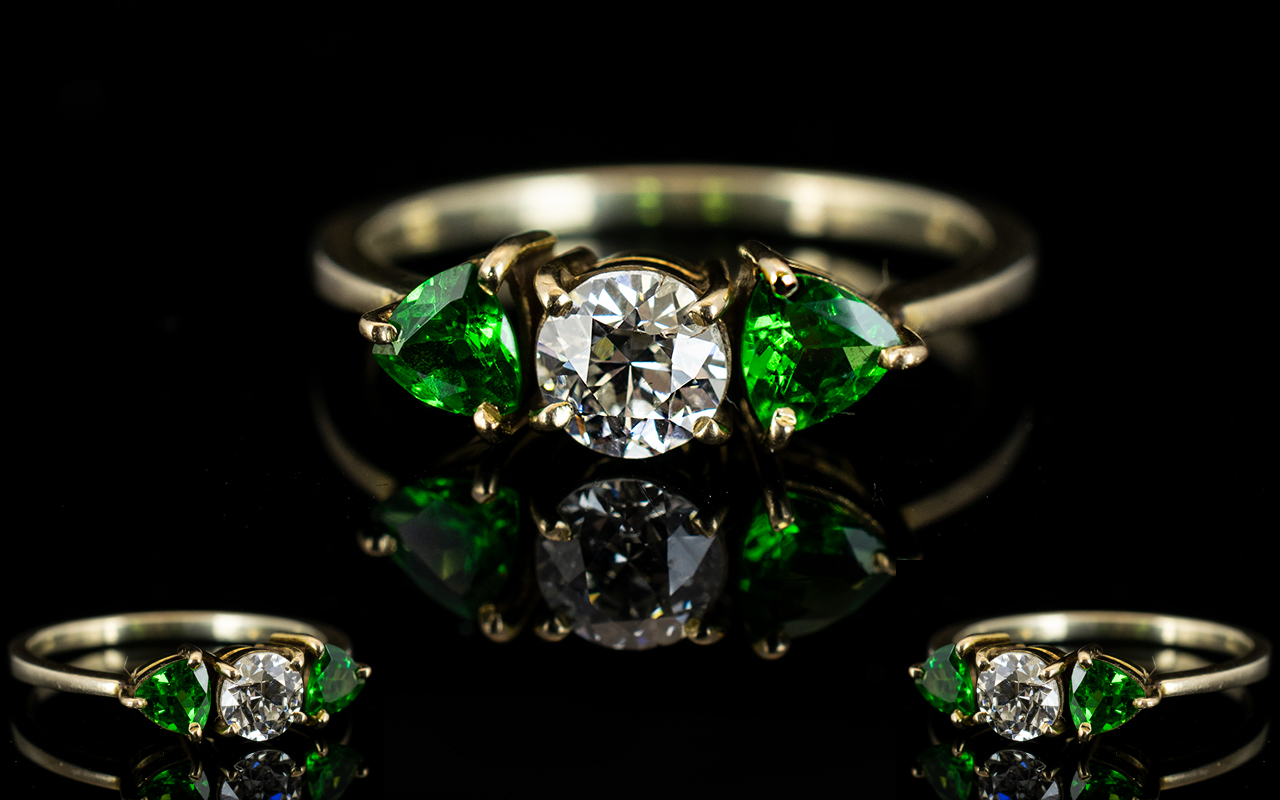 18ct Gold - 3 Stone Green Tourmaline and Diamond Ring of Superb Quality.