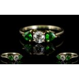 18ct Gold - 3 Stone Green Tourmaline and Diamond Ring of Superb Quality.