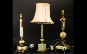 A Collection Of Three Brass And Green Onyx Table Lamps One raised on tripod base,