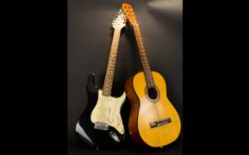 A Westfield Electric Guitar Complete with soft case along with an acoustic guitar by Geisha,