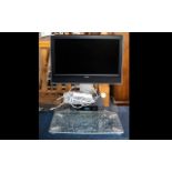 Toshiba Model 32WLT66 Television Complete with glass stand and Sky box.