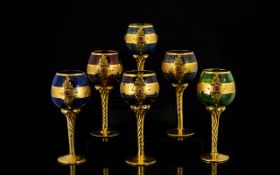 Hand Painted Venetian Murano 1960's - Impressive Harlequin Set of Six Stone Set Glass Goblets.