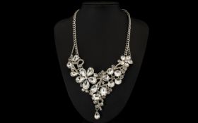 Austrian White Crystal Asymmetric Floral Necklace,