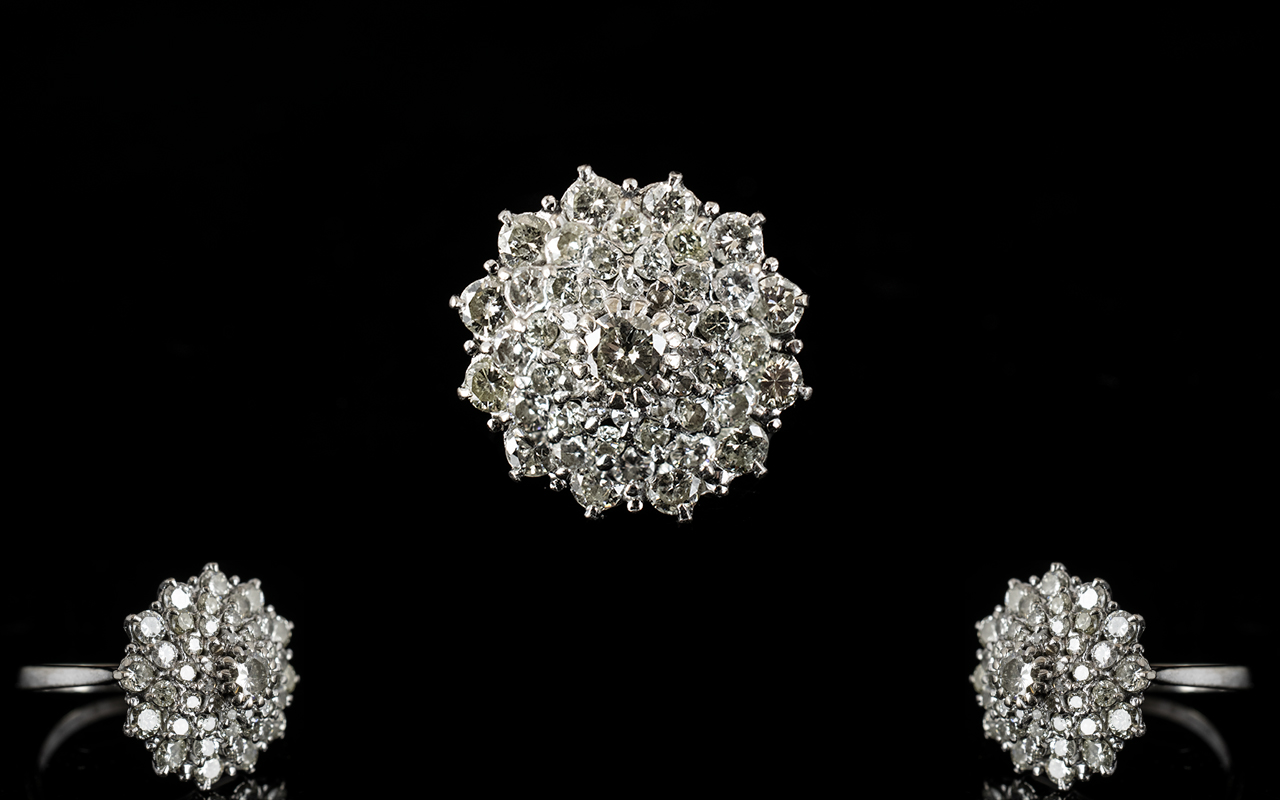 18ct White Gold Large - Impressive Diamond Set Cluster Ring In a Flower Head Design.