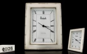 Harrods of Knightsbridge Nice Quality Silver Framed Desk Clock. Hallmark Sheffield 1996.