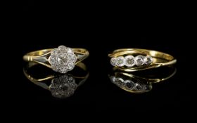 Two Antique 18ct Gold Diamond Rings The first of flowerhead form, set with 9 pave set diamonds,