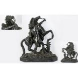 A Bronze Sculpture Of A Marley Horse And Rider 19th century figure on black marble base, height 8