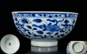 Chinese Antique Kangxi Footed Bowl Blue and white bowl with floral and foliate decoration, some