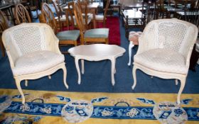 Two Shabby Chic Bergere Style Chairs Along With A Shabby Chic Style Small Table.