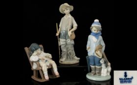 Lladro Porcelain Figures (3) in total. Comprises 1.Young Fisherman - gone fishing model no 4809.