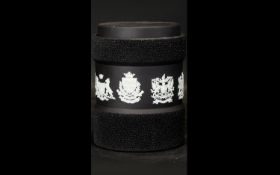 Wedgwood Black Jasperware Cathedral Cities Jar With City Crest Designs Around The Outside Body.