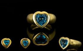 18ct Yellow Gold Attractive And Well Made Blue Topaz Set Dress Ring And Matching Earrings Each