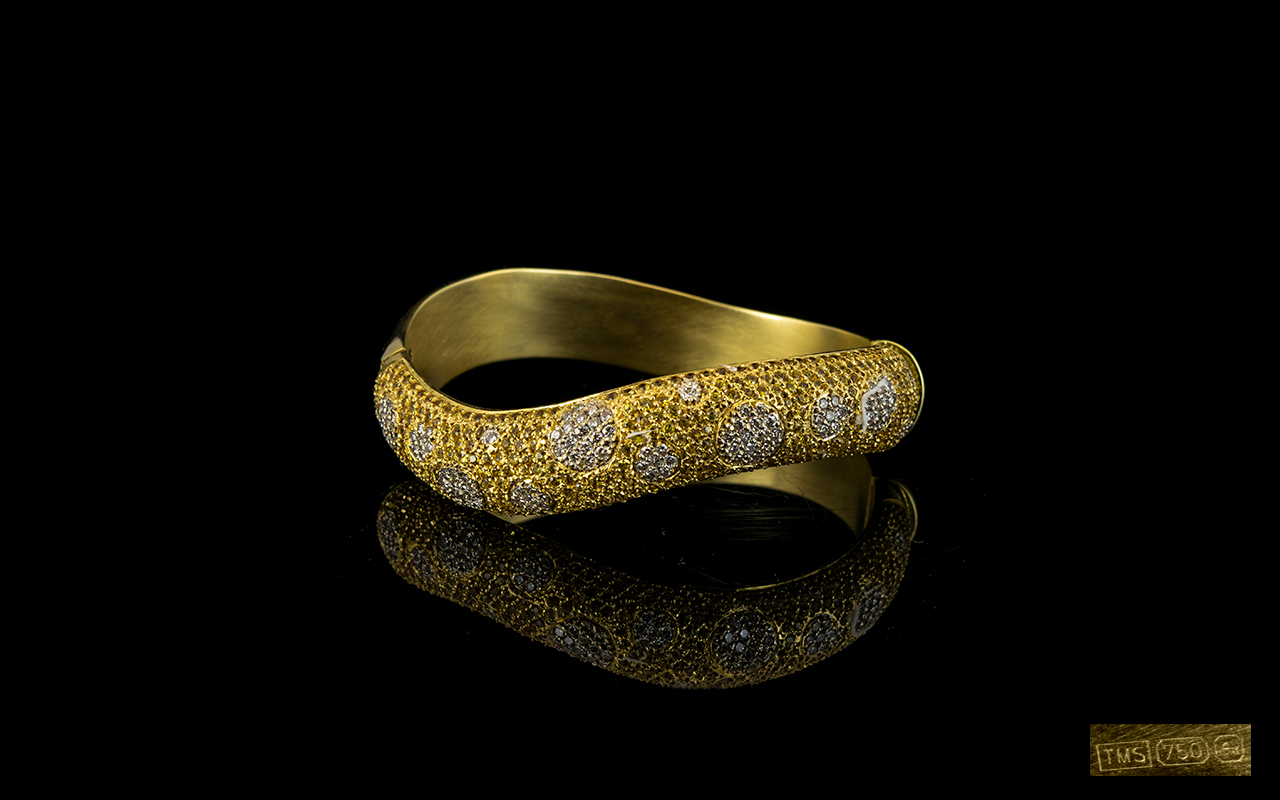 Contemporary Designed 18ct Golf Snake Style Coiled Hinged Bangle set with diamonds and yellow