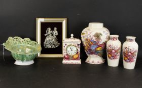 A Collection Of Mason's Fruit Basket Ceramics Comprising mantle clock, large vase,