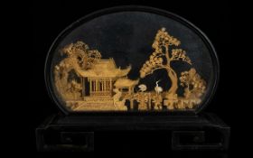 Chinese Miniature Cased Cork Carving. In The Form Of A Village Hut With Trees And Cranes. High