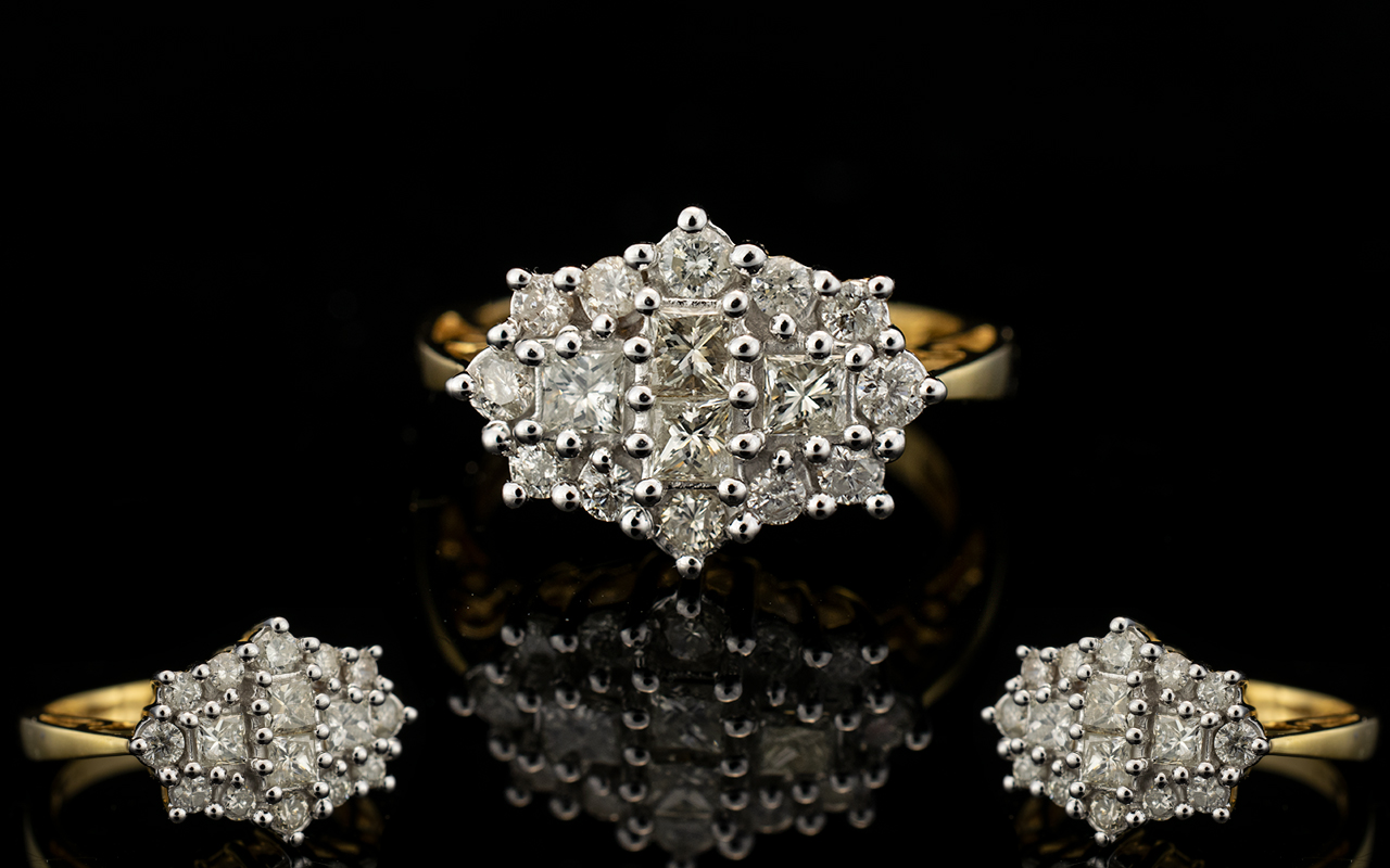 Ladies - Attractive 18ct Gold Princes Cut and Brilliant Cut Diamond Dress Ring.