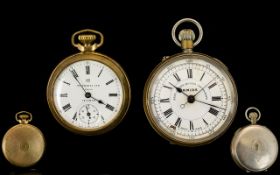 Two Open Face Pocket Watches Each with white dials, Roman numerals,