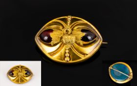 Victorian Etruscan Revival 14ct Gold And Garnet Set Memorial Brooch Lens form brooch with glazed