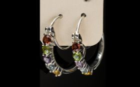 Multi Gemstone Hoop Earrings, a red garnet, peridot, amethyst, sky blue topaz and citrine to the